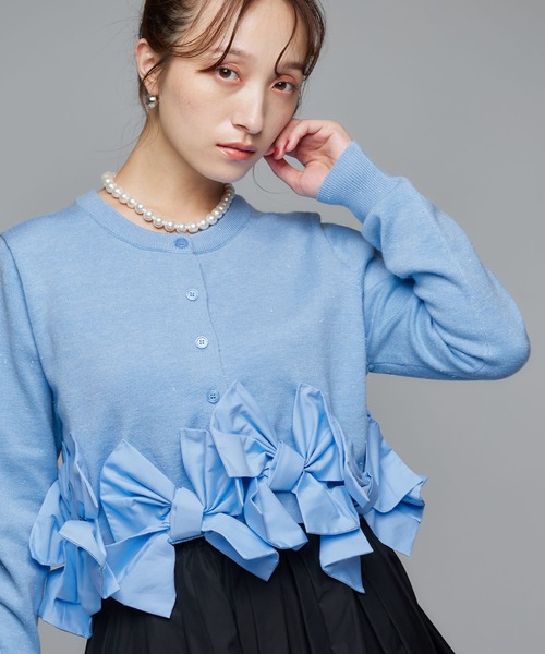 リボンニットカーディガン/トップス/クロップド丈/フェミニン 《動画