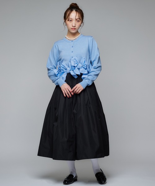 リボンニットカーディガン/トップス/クロップド丈/フェミニン 《動画