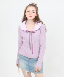 パーカラー ニットTシャツ (パープル)