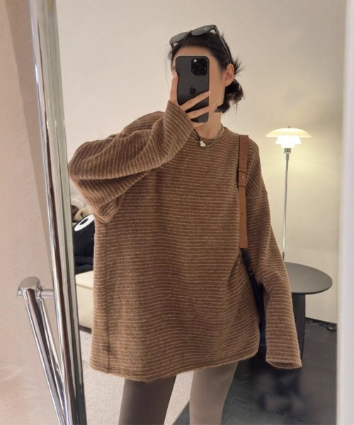Ritzy（リッツィー）の「オーバーサイズ　起毛ボーダートップス（Tシャツ/カットソー・レディース・ベージュ/ブラウン/ダークグレー・M）」の3枚目の写真