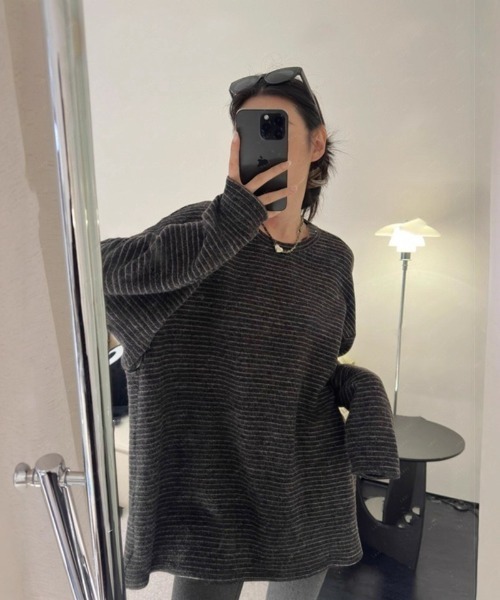 Ritzy（リッツィー）の「オーバーサイズ　起毛ボーダートップス（Tシャツ/カットソー・レディース・ベージュ/ブラウン/ダークグレー・M）」の2枚目の写真
