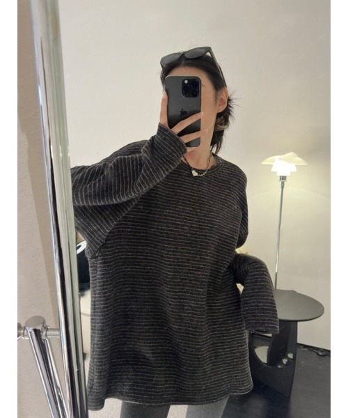Ritzy（リッツィー）の「オーバーサイズ　起毛ボーダートップス（Tシャツ/カットソー・レディース・ベージュ/ブラウン/ダークグレー・M）」の4枚目の写真
