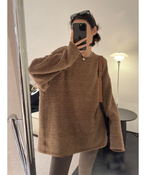 Ritzy（リッツィー）の「オーバーサイズ　起毛ボーダートップス（Tシャツ/カットソー・レディース・ベージュ/ブラウン/ダークグレー・M）」の6枚目の写真