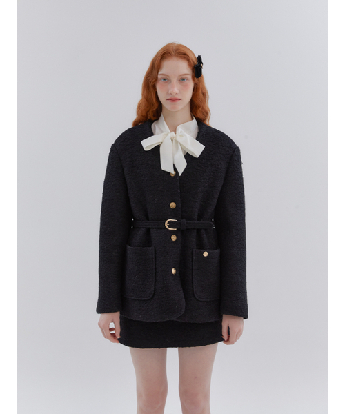 ANOETIC（アノエティック）の「ANC COLLARLESS BELT TWEED JACKET_BLACK（その他アウター・レディース・ブラック・FREE）」の2枚目の写真