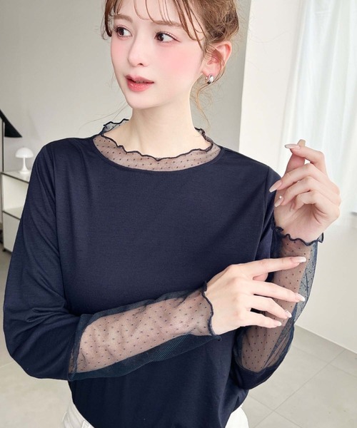 moment+(モーメントプラス)の「ドットチュールレースドッキングプルオーバー(Tシャツ/カットソー・レディース・ブラック/ネイビー/オフホワイト/ピンク/杢グレー・M)」の4枚目の写真