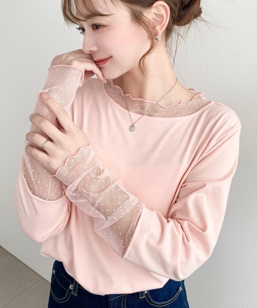 moment+(モーメントプラス)の「ドットチュールレースドッキングプルオーバー(Tシャツ/カットソー・レディース・ブラック/ネイビー/オフホワイト/ピンク/杢グレー・M)」の5枚目の写真