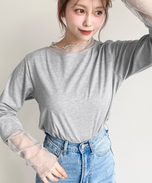 moment+(モーメントプラス)の「ドットチュールレースドッキングプルオーバー(Tシャツ/カットソー・レディース・ブラック/ネイビー/オフホワイト/ピンク/杢グレー・M)」の11枚目の写真