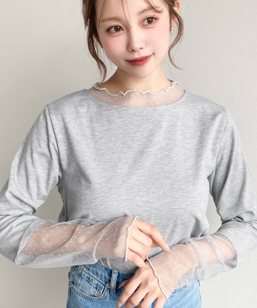 HERENCIA デザインドットチュールカットソー セール】ドットチュールレースドッキングプルオーバー（Tシャツ