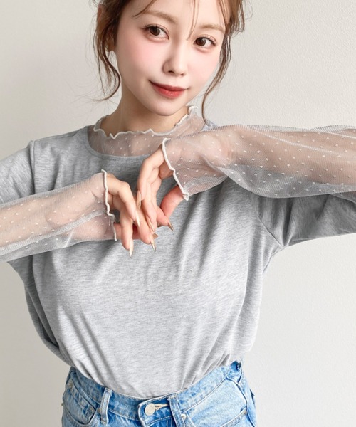moment+(モーメントプラス)の「ドットチュールレースドッキングプルオーバー(Tシャツ/カットソー・レディース・ブラック/ネイビー/オフホワイト/ピンク/杢グレー・M)」の13枚目の写真