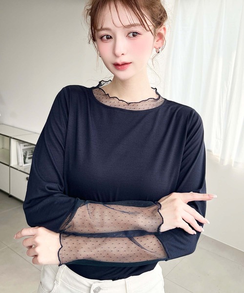 moment+(モーメントプラス)の「ドットチュールレースドッキングプルオーバー(Tシャツ/カットソー・レディース・ブラック/ネイビー/オフホワイト/ピンク/杢グレー・M)」の6枚目の写真