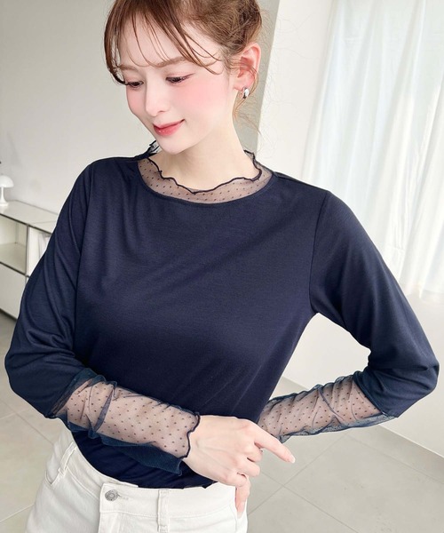 moment+(モーメントプラス)の「ドットチュールレースドッキングプルオーバー(Tシャツ/カットソー・レディース・ブラック/ネイビー/オフホワイト/ピンク/杢グレー・M)」の9枚目の写真