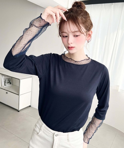 moment+(モーメントプラス)の「ドットチュールレースドッキングプルオーバー(Tシャツ/カットソー・レディース・ブラック/ネイビー/オフホワイト/ピンク/杢グレー・M)」の8枚目の写真