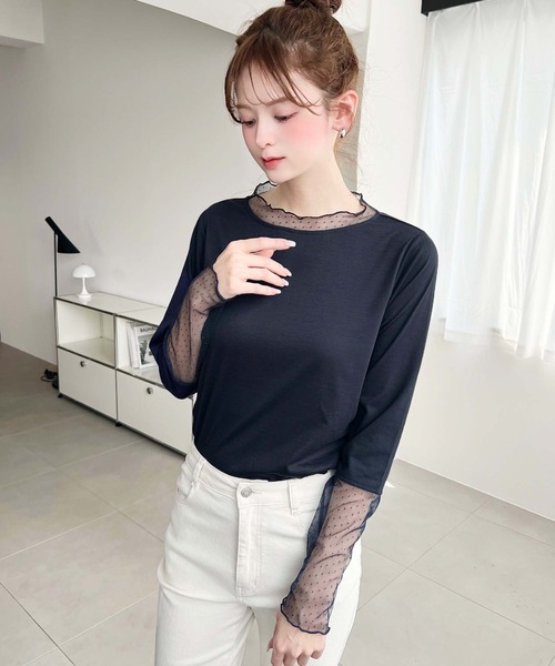 moment+(モーメントプラス)の「ドットチュールレースドッキングプルオーバー(Tシャツ/カットソー・レディース・ブラック/ネイビー/オフホワイト/ピンク/杢グレー・M)」の7枚目の写真