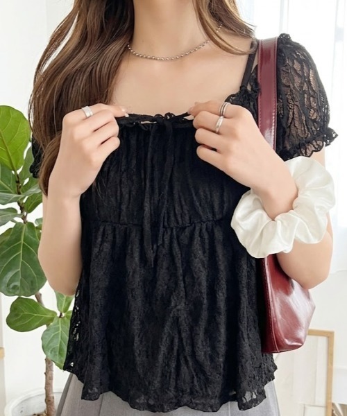 Ada.(エイダ)の「パフスリーブ 切り替えフレア レースレイヤードトップス(Tシャツ/カットソー・レディース・ブラック/ピンク/ホワイト・FREE)」の1枚目の写真