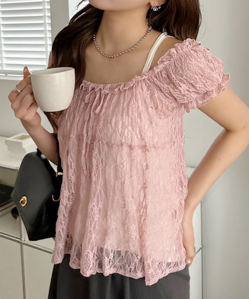 Ada.(エイダ)の「パフスリーブ 切り替えフレア レースレイヤードトップス(Tシャツ/カットソー・レディース・ブラック/ピンク/ホワイト・FREE)」の13枚目の写真
