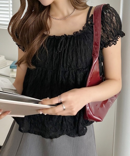 Ada.(エイダ)の「パフスリーブ 切り替えフレア レースレイヤードトップス(Tシャツ/カットソー・レディース・ブラック/ピンク/ホワイト・FREE)」の8枚目の写真