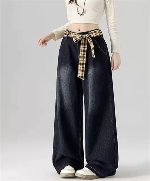 FREE STYLISTS(フリー スタイリスト)の「ウエストリボン チェックポケットデニムパンツ(デニムパンツ・レディース・ネイビー・S/M/2XL/L/XL)」の3枚目の写真