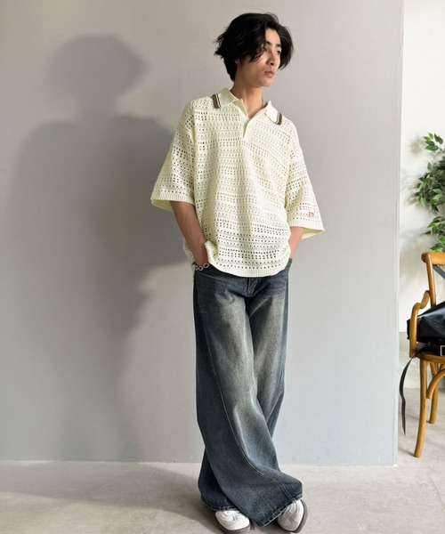 Java(ジャバ)の「《JaVaジャバコラボ》レトロ〝っぽい〟がちょうどいい。メッシュ編地柄 スキッパー襟 ニットポロシャツ(半袖)(ポロシャツ・メンズ・テラコッタ/チャコールグレー/アイボリー・LARGE/MEDIUM/SMALL)」の14枚目の写真