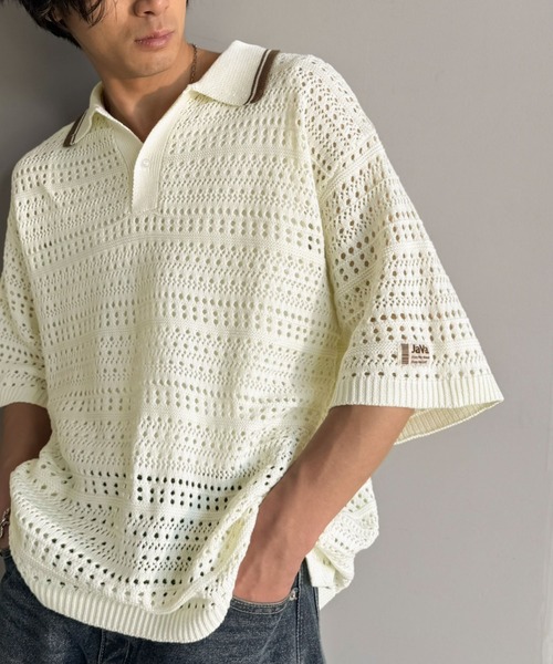 Java(ジャバ)の「《JaVaジャバコラボ》レトロ〝っぽい〟がちょうどいい。メッシュ編地柄 スキッパー襟 ニットポロシャツ(半袖)(ポロシャツ・メンズ・テラコッタ/チャコールグレー/アイボリー・LARGE/MEDIUM/SMALL)」の16枚目の写真