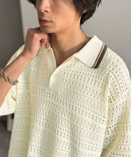Java(ジャバ)の「《JaVaジャバコラボ》レトロ〝っぽい〟がちょうどいい。メッシュ編地柄 スキッパー襟 ニットポロシャツ(半袖)(ポロシャツ・メンズ・テラコッタ/チャコールグレー/アイボリー・LARGE/MEDIUM/SMALL)」の12枚目の写真