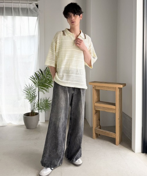 Java(ジャバ)の「《JaVaジャバコラボ》レトロ〝っぽい〟がちょうどいい。メッシュ編地柄 スキッパー襟 ニットポロシャツ(半袖)(ポロシャツ・メンズ・テラコッタ/チャコールグレー/アイボリー・LARGE/MEDIUM/SMALL)」の19枚目の写真