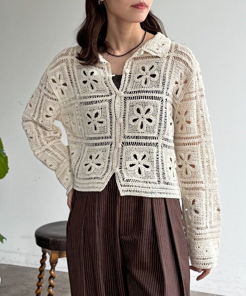 CPCM（シーピーシーエム）の「襟付きクロシェカーディガン（シャツ/ブラウス・レディース・アイボリー/ブラック・FREE）」の6枚目の写真