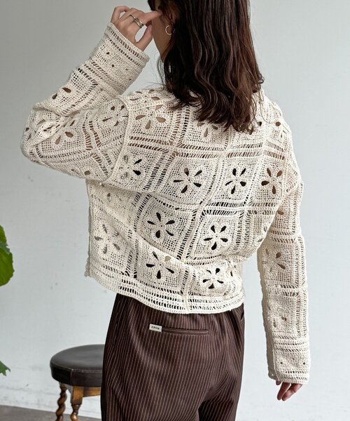 CPCM（シーピーシーエム）の「襟付きクロシェカーディガン（シャツ/ブラウス・レディース・アイボリー/ブラック・FREE）」の7枚目の写真