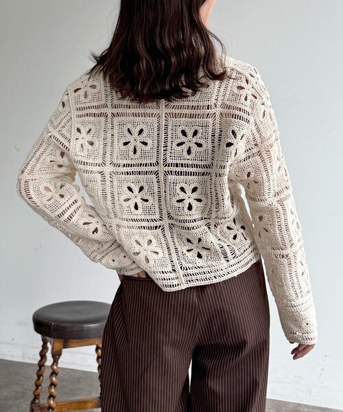 CPCM（シーピーシーエム）の「襟付きクロシェカーディガン（シャツ/ブラウス・レディース・アイボリー/ブラック・FREE）」の8枚目の写真