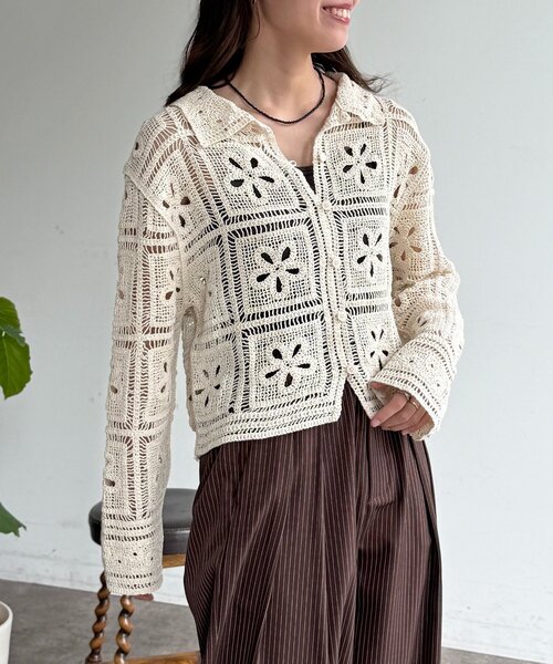 CPCM（シーピーシーエム）の「襟付きクロシェカーディガン（シャツ/ブラウス・レディース・アイボリー/ブラック・FREE）」の9枚目の写真