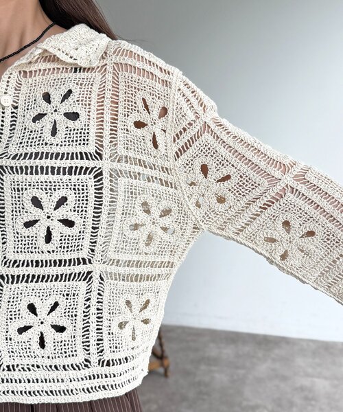 CPCM（シーピーシーエム）の「襟付きクロシェカーディガン（シャツ/ブラウス・レディース・アイボリー/ブラック・FREE）」の12枚目の写真