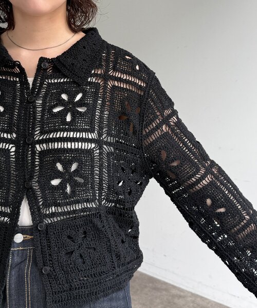 CPCM（シーピーシーエム）の「襟付きクロシェカーディガン（シャツ/ブラウス・レディース・アイボリー/ブラック・FREE）」の3枚目の写真