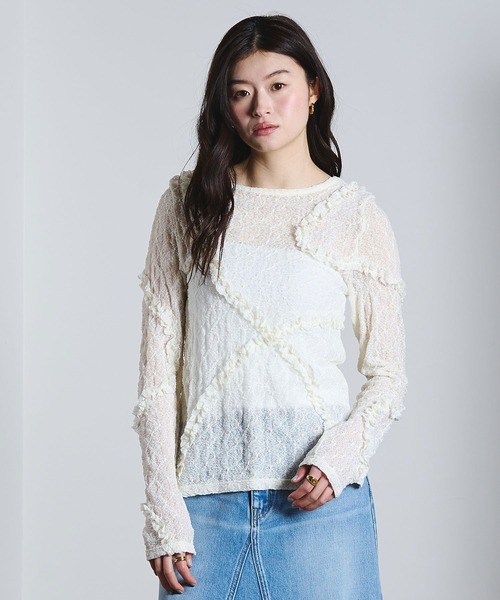 ROSE BUD（ローズバッド）の「FRILL LACE TOP（Tシャツ/カットソー・レディース・オフホワイト/ライトグリーン/ブラック・ONE SIZE）」の5枚目の写真