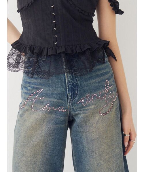 EVRIS(エヴリス)の「ハイウエストラインストーンワイドデニムパンツ 春服(デニムパンツ・レディース・インディゴブルー/ベージュ/ライトブルー・SMALL/MEDIUM)」の3枚目の写真