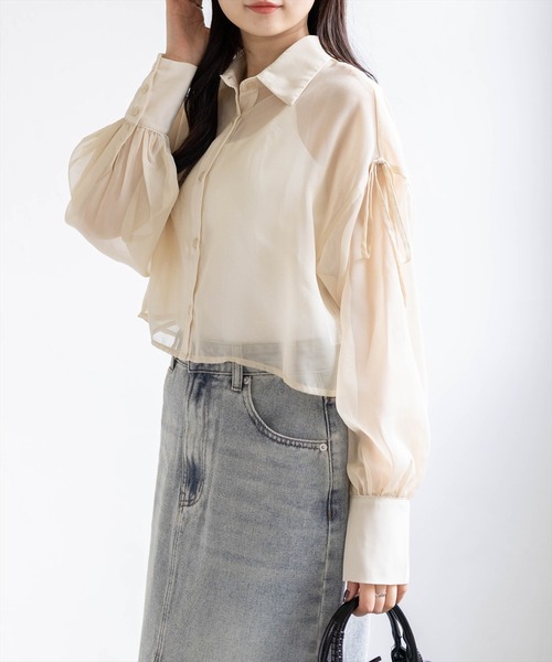 clear（クリア）の「リボン付きショート丈ラメシアーシャツ［骨格ウェーブ/華奢見え/フェミニン］（シャツ/ブラウス・レディース・サックスブルー/グレイッシュベージュ/チャコールグレー/オフホワイト/ベージュ・F）」の3枚目の写真