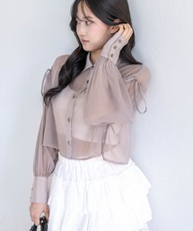 clear | リボン付きショート丈ラメシアーシャツ［骨格ウェーブ/華奢見え/フェミニン］(シャツ/ブラウス)