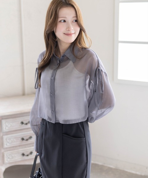 clear（クリア）の「リボン付きショート丈ラメシアーシャツ［骨格ウェーブ/華奢見え/フェミニン］（シャツ/ブラウス・レディース・サックスブルー/グレイッシュベージュ/チャコールグレー/オフホワイト/ベージュ・F）」の9枚目の写真