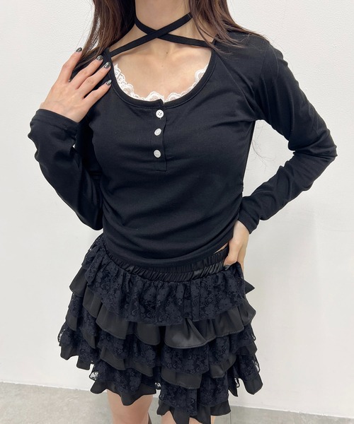 WEGO(ウィゴー)の「ヘンリーネックチョーカートップス(Tシャツ/カットソー・レディース・ホワイト/ブラック/グレー・FREE)」の2枚目の写真