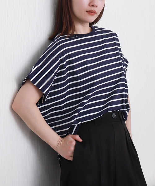 libelle more(リベル モア)の「ボーダー袖タックフレンチドルマンプルオーバー(Tシャツ/カットソー・レディース・ネイビー/ブラック/グレー/オフホワイト・L/M)」の1枚目の写真