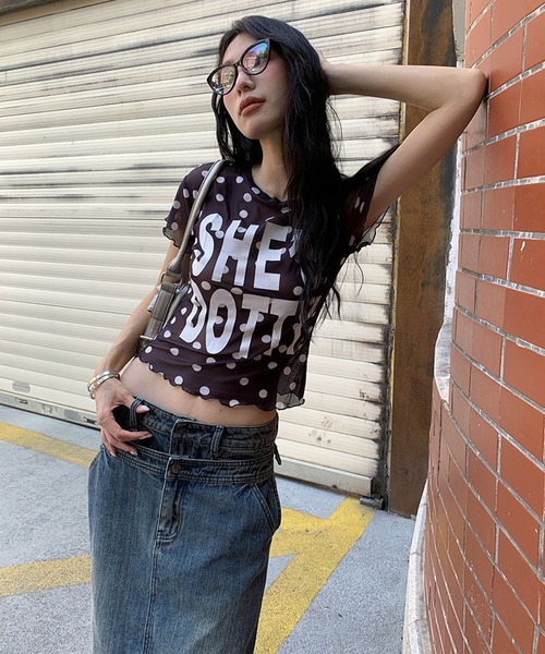 meJane(ミージェーン)の「ドット柄 × BIGロゴ メッシュTシャツ(Tシャツ/カットソー・レディース・ブラック/ホワイト・FREE)」の14枚目の写真