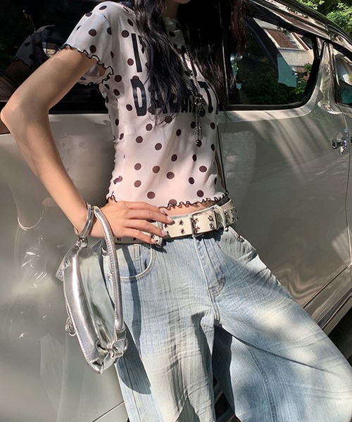 meJane(ミージェーン)の「ドット柄 × BIGロゴ メッシュTシャツ(Tシャツ/カットソー・レディース・ブラック/ホワイト・FREE)」の9枚目の写真