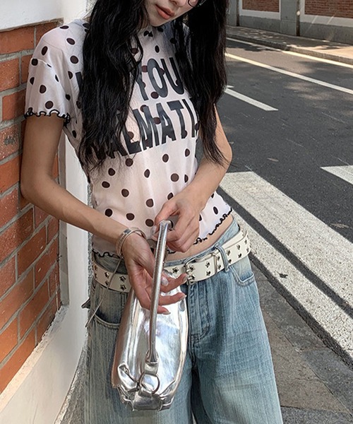 meJane(ミージェーン)の「ドット柄 × BIGロゴ メッシュTシャツ(Tシャツ/カットソー・レディース・ブラック/ホワイト・FREE)」の11枚目の写真