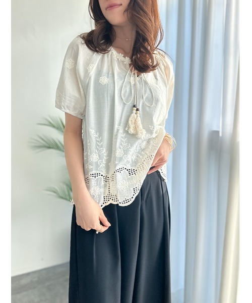 fifth（フィフス）の「キーネックレース5分袖ブラウス（シャツ/ブラウス・レディース・ライトベージュ/ホワイト・M）」の10枚目の写真