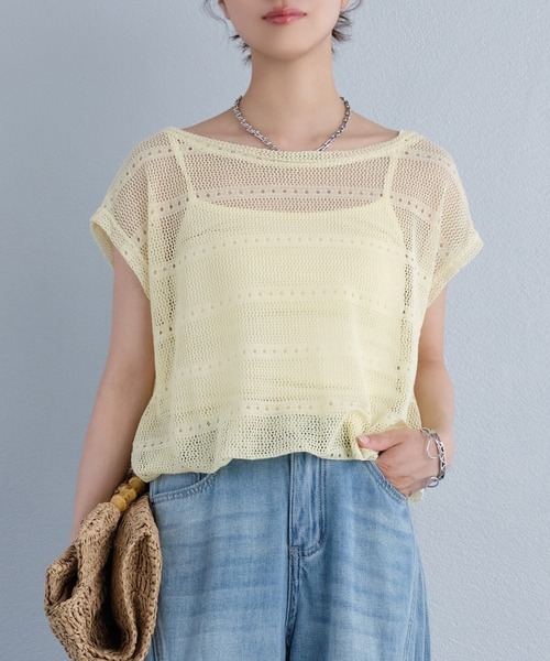 murea（ミュレア）の「レイヤード風ローゲージ半袖サマーニットトップス（Tシャツ/カットソー・レディース・ホワイト/イエロー/グレー・FREE）」の3枚目の写真