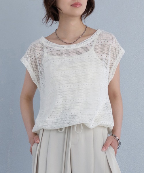 murea（ミュレア）の「レイヤード風ローゲージ半袖サマーニットトップス（Tシャツ/カットソー・レディース・ホワイト/イエロー/グレー・FREE）」の11枚目の写真