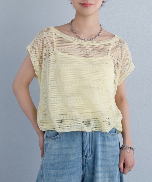 murea（ミュレア）の「レイヤード風ローゲージ半袖サマーニットトップス（Tシャツ/カットソー・レディース・ホワイト/イエロー/グレー・FREE）」の21枚目の写真