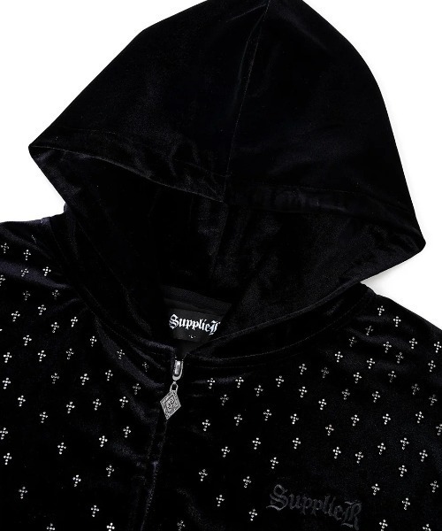 希少 エドハーディー ベロア ジップ パーカー XL 黒 ラインストーン A'GEM/9 × .kom 『SUPPLIER/サプライヤー』Micro Cross Rhinestone