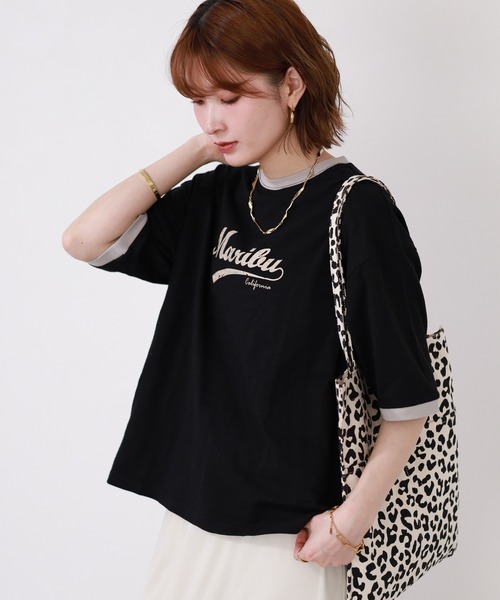 Arinomama(アリノママ)の「Arinomama 170g スラブ天竺 RELAX ロゴ プリント リンガー Tシャツ 半袖(Tシャツ/カットソー・レディース・ブラック/アイボリー/ネイビー・FREE)」の2枚目の写真