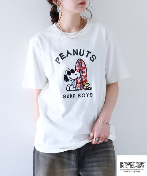 PEANUTS（ピーナッツ）の「PEANUTS JOE COOL柄サガラ刺繍天竺半袖Tシャツ（Tシャツ/カットソー・メンズ・ネイビー/オフホワイト/ライトパープル・L/M/LL）」の17枚目の写真
