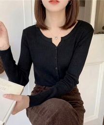 キーネックデザインリブカーディガン