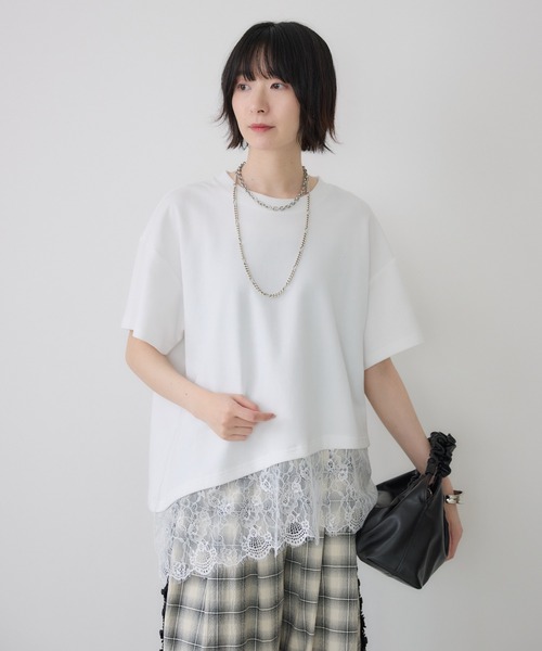 Paradise Picnic(パラダイスピクニック)の「裾レースアシメ切替Tシャツ(Tシャツ/カットソー・レディース・ブラック/ホワイト・FREE)」の1枚目の写真